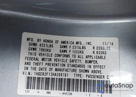2017 Honda Accord Sport Se from USA, damaged, VIN 1HGCR2F13HA099161